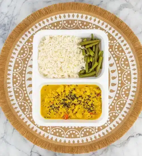 Gele curry • witte rijst • sperziebonen