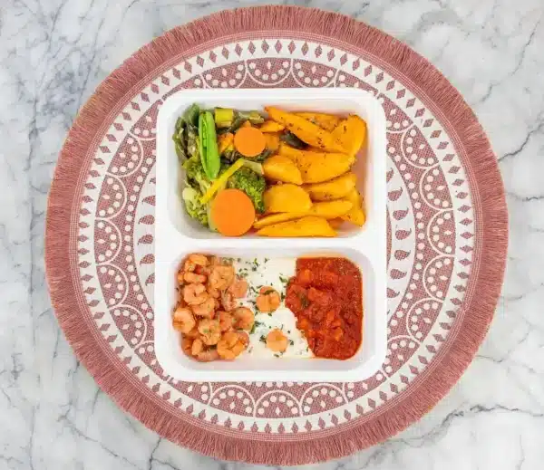 5 (1) Garnalen • tomatensaus • knoflooksaus • aardappelwedges • groenten